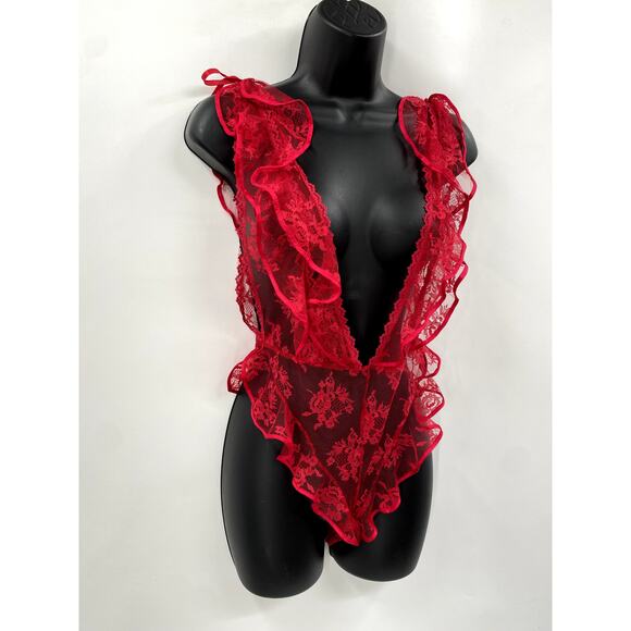 Vintage Red Lace Plunge V Neck Bodysuit - Picture 4 of 7